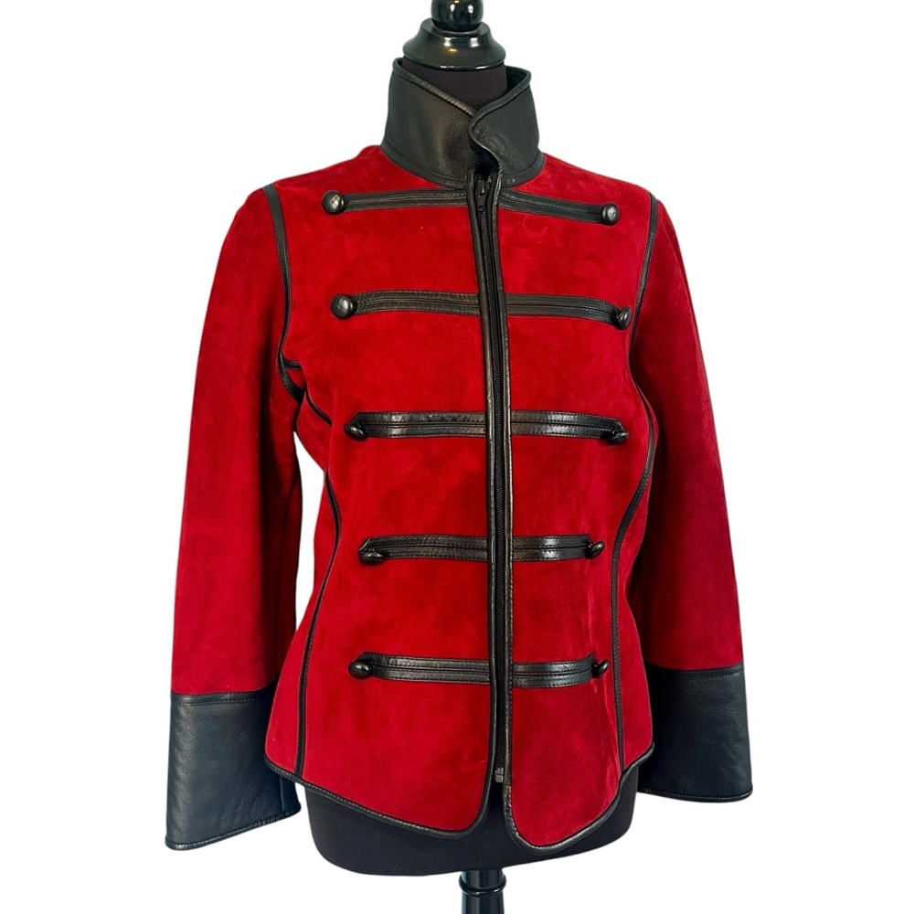 Vintage 1970s Red Suede Military Jacket w/ Leather Trim & Shearling | Full Zip